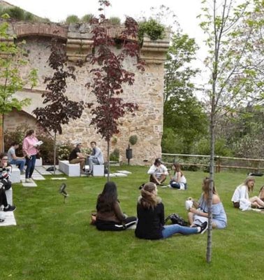 Groups of students are sitting and studying on a grassy lawn outside an old stone building covered with ivy.