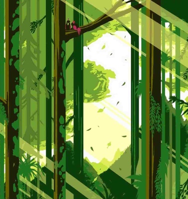 A stylized illustration of a dense green jungle with sunlight filtering through the trees.