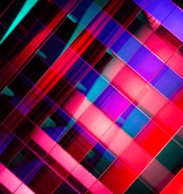 Abstract, colorful digital art of red, blue, and purple stripes intersecting at different angles.