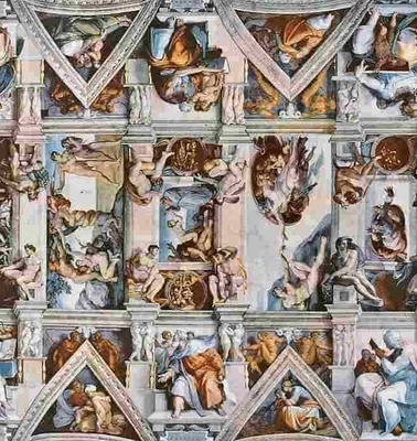 A detailed fresco featuring a complex array of biblical and mythological scenes framed within an elaborate architectural design.