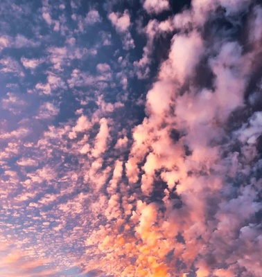 A vibrant sunset with scattered clouds colored in shades of pink and orange.