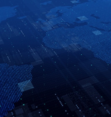 A digital representation of a world map with a blue color scheme and overlaying grid lines.