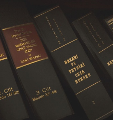 A collection of dark-colored books with gold lettering on their spines.