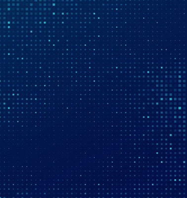 A digital abstract background featuring a pattern of blue and teal square pixels.