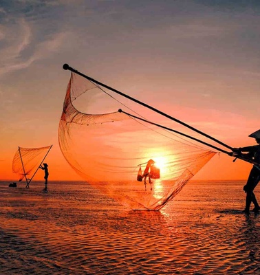 Fishermen using large nets to fish in a shallow body of water during a vibrant sunset.
