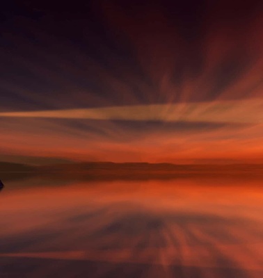 A serene image of a lighthouse reflected in water during a vivid sunset with streaked clouds.