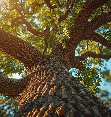 A towering tree viewed from below, showcasing its bark and sprawling branches under sunlight.