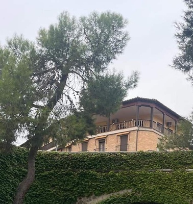 A view of a historic building surrounded by trees and greenery.