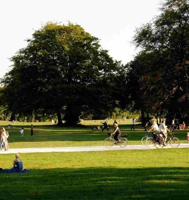 People enjoying a sunny day in a large park with expansive green lawns and tall trees.