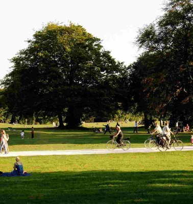 People enjoying a sunny day in a large park with expansive green lawns and tall trees.