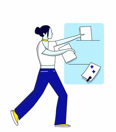 A graphic illustration of a woman interacting with a large, symbolic interface, handling documents and folders.