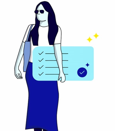 A stylized illustration of a woman walking confidently with a large checklist and a check mark, symbolizing task completion or approval.