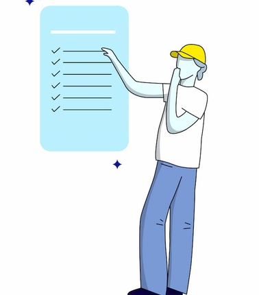 A man in a yellow cap is checking a large checklist on a blue document.