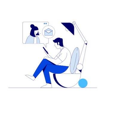 Illustration of a man sitting in a modern chair, using a laptop with a video call interface displayed.