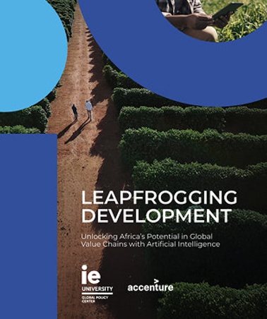 A digital cover for a report titled 'Leapfrogging Development' featuring two people walking through a lush green landscape.