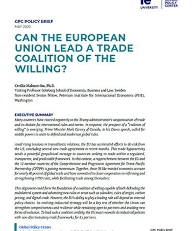 This is a policy brief discussing the European Union's potential leadership in a trade coalition.