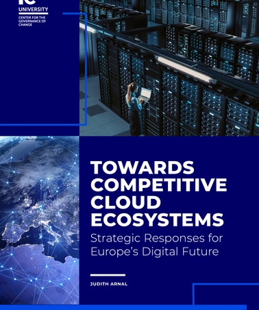 This image features a cover design for a report titled 'Towards Competitive Cloud Ecosystems' with a focus on Europe's digital future.
