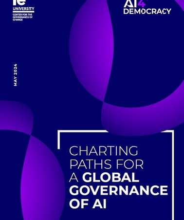 A cover of a report titled 'Charting Paths for a Global Governance of AI' by IE University Center for the Governance of Change, with a dark blue background and purple circles.