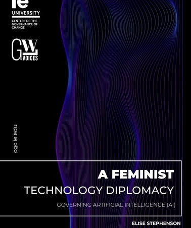 A book cover titled 'A Feminist Technology Diplomacy' focusing on governance of artificial intelligence.