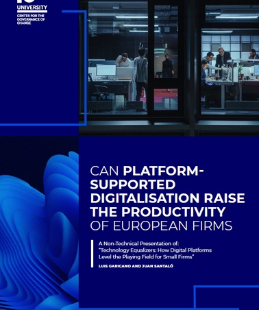 A cover of a research report featuring a title about digital platforms improving productivity in European firms, set against an office background with workers.
