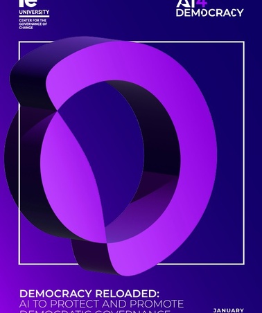 A vibrant and modern graphic representation of AI's role in democratic governance.