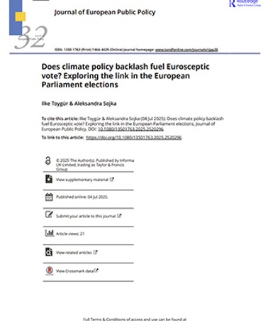 The image is the cover page of a journal article discussing the relationship between climate policy and Eurosceptic voting in European Parliament elections.