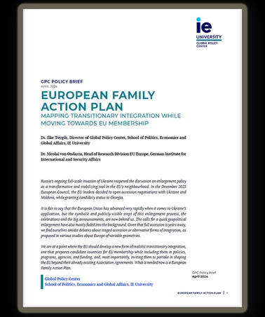 An image of a CPC policy brief titled 'European Family Action Plan' by IE University, regarding transitional integration and EU membership.