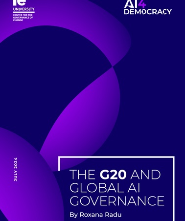 The image shows the cover of a publication titled 'The G20 and Global AI Governance' by Roxana Radu, featuring a modern graphic design with overlapping purple circles on a dark background.