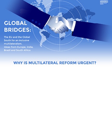 The image features a hand shake symbolizing cooperation between the EU and the Global South for inclusive multilateralism.