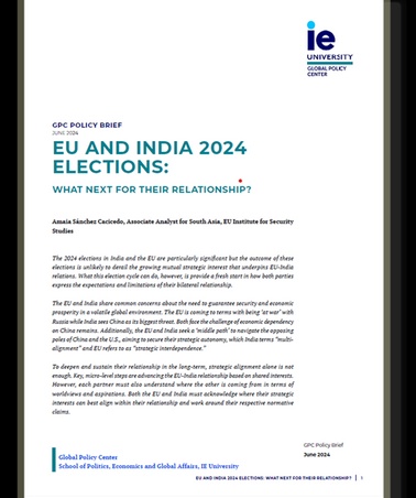 A document titled 'EU and India 2024 Elections: What Next for Their Relationship?' from IE University.