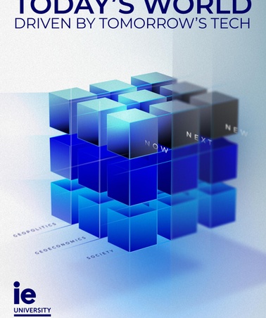 A blue and white graphic showcasing a modern abstract design with the text 'Today's World Driven by Tomorrow's Tech'.