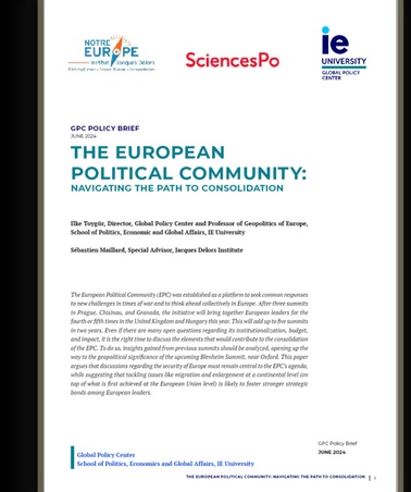 A document titled 'The European Political Community: Navigating the Path to Consolidation' with logos of Notre Europe, Sciences Po, and IE University.