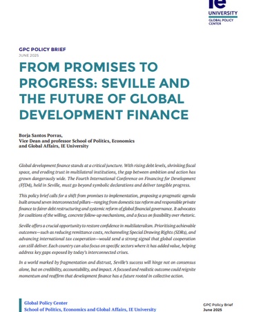 This image is a policy brief discussing the future of global development finance with a focus on Seville.