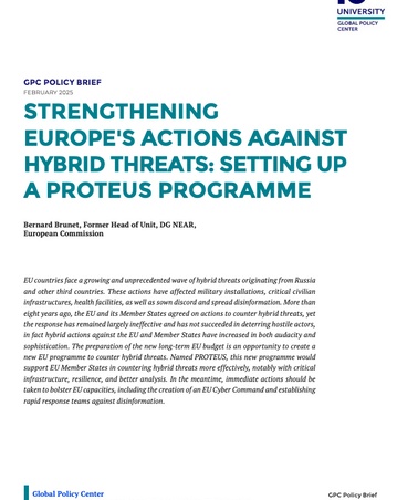 A policy brief discussing Europe's actions against hybrid threats and the establishment of a Proteus Programme.