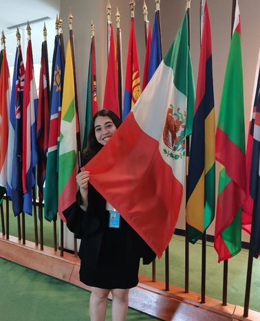 A young woman holding the Mexican flag in front of a display of various national flags.