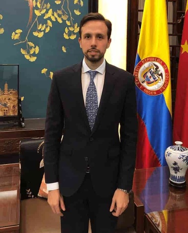 A man in a suit stands in front of a wall with a floral design and flags.