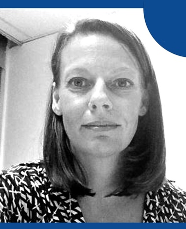 A professional portrait of a woman with short hair in an office setting, featuring a blue circular graphic in the background.