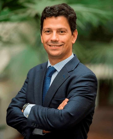 A professional man in a suit smiling with his arms crossed in front of a green plant background.