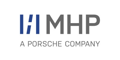 Logo of MHP, a Porsche company, featuring the letters 'MHP' in blue and gray next to the text 'A PORSCHE COMPANY'.