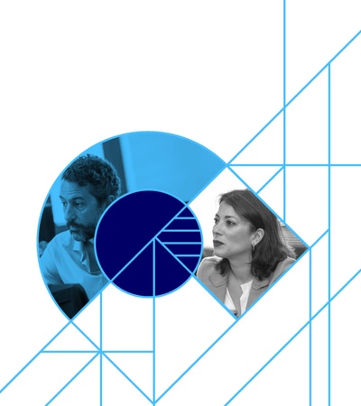 A graphic image featuring a man and a woman embedded into a pie chart, with a geometric blueprint style background.