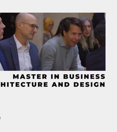 A promotional image for the Master in Business for Architecture and Design program at IE University.