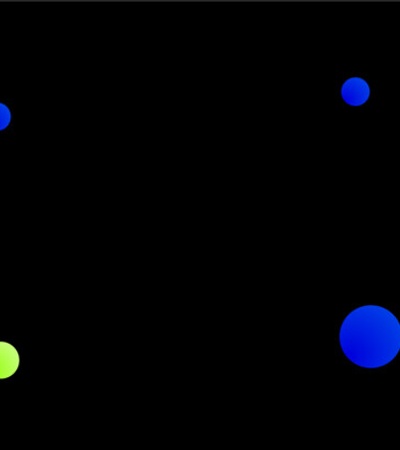 The image features a pattern of blue and green circles against a black background.