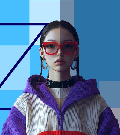 A woman with stylish glasses and a colorful outfit stands in front of a geometric background.