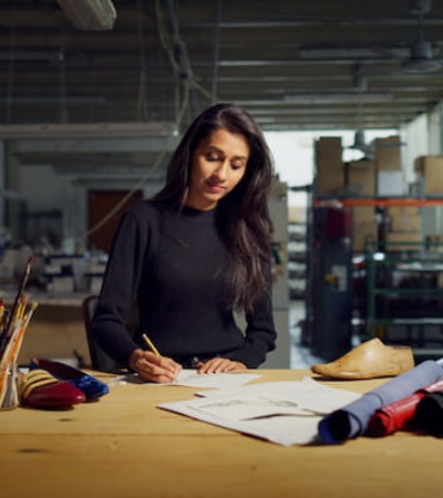 A woman working on a design project in a brightly lit workshop with various supplies and tools around her.