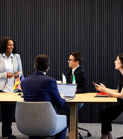 A diverse group of professionals engaged in a meeting in a modern office setting.