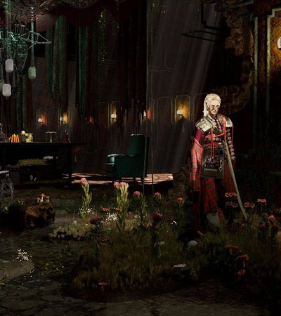 A mysterious and dimly lit interior featuring a figure standing amidst overgrown plants and vintage decor.
