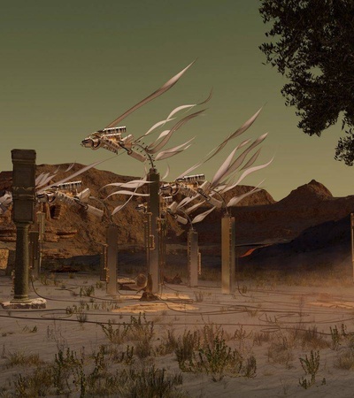 A surreal desert landscape featuring ancient ruins with ethereal, flowing elements.