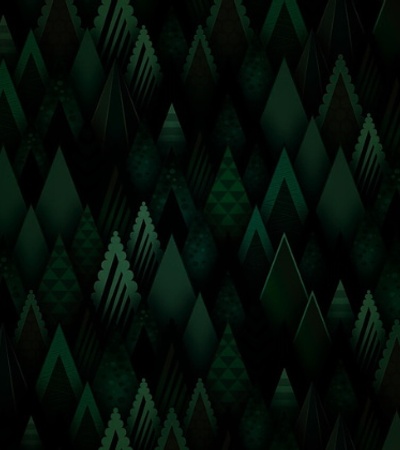 A dark abstract image featuring a pattern of various green shaded triangles resembling a forest of pine trees.