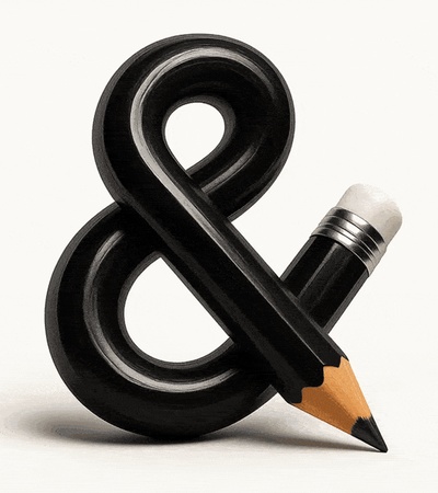 A creative representation of an ampersand symbol combined with a pencil.
