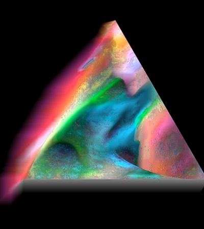 An abstract colorful triangular shape with a gradient of vibrant hues against a black background.